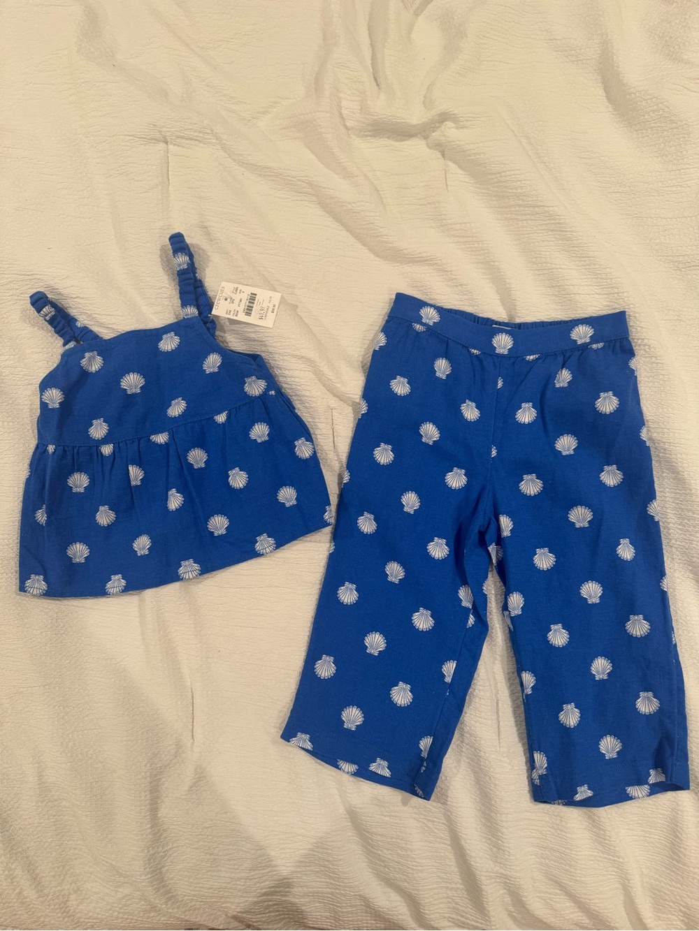 Linen Kids Blue Shell-Print Capri Pants and Tank Set